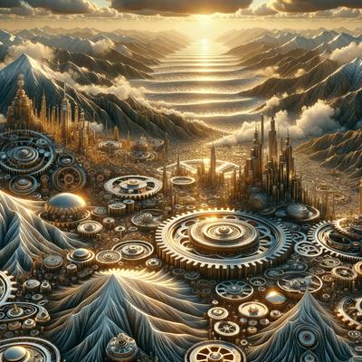 The primary subject of the image is a futuristic cityscape with a mix of mechanical and natural elements. The setting is a cloudy sky, and the background features a mountain range. The visual style is a combination of digital art and illustration, creating a unique and intricate design. The colors and mood of the image are predominantly silver and gold, giving it a sleek and sophisticated appearance.